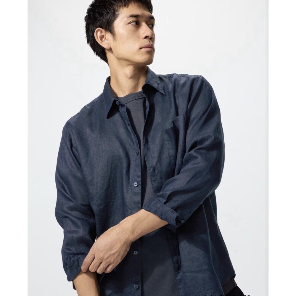 Uniqlo Mens 100% Linen Long Sleeve Button Down Shirt Size XL Solid Dark Navy